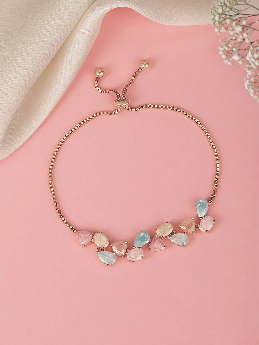 Floral Crystal Petal Stone Chain Bracelet - Rose Gold - Multi