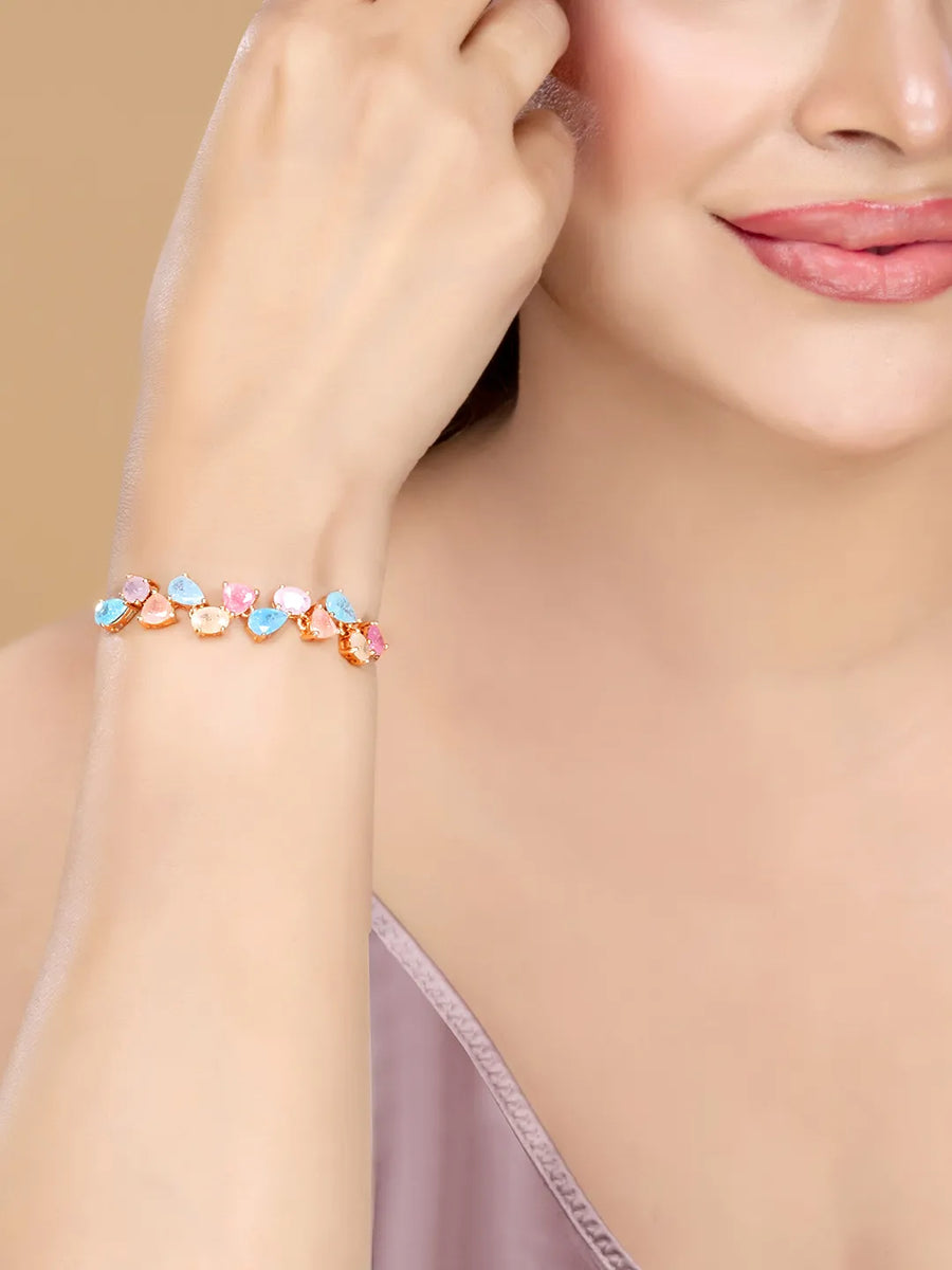 Floral Crystal Petal Stone Chain Bracelet - Rose Gold - Multi