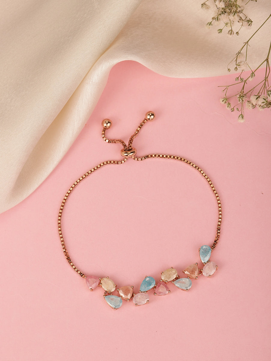 Floral Crystal Petal Stone Chain Bracelet - Rose Gold - Multi