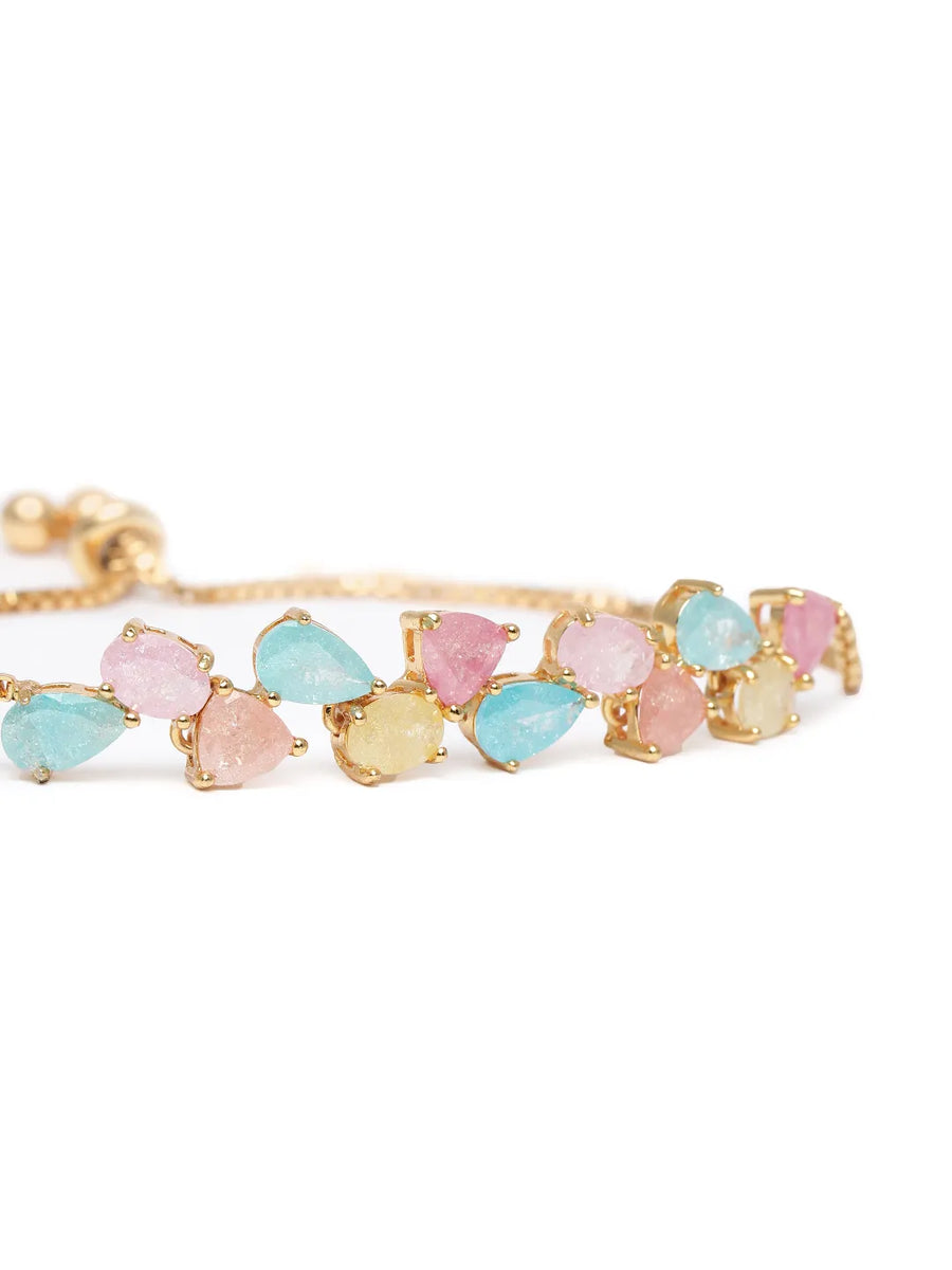 Floral Crystal Petal Stone Chain Bracelet - Gold - Multi