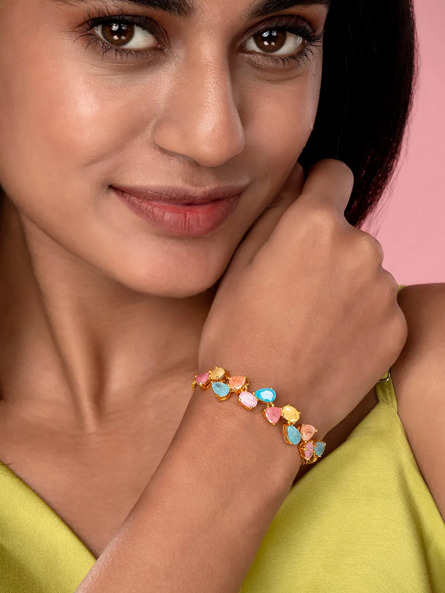 Floral Crystal Petal Stone Chain Bracelet - Gold - Multi