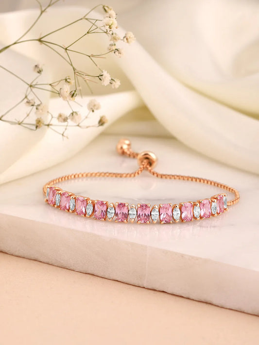 Glam Crystal Accent Adjustable Bracelet - Rose Gold - Pink