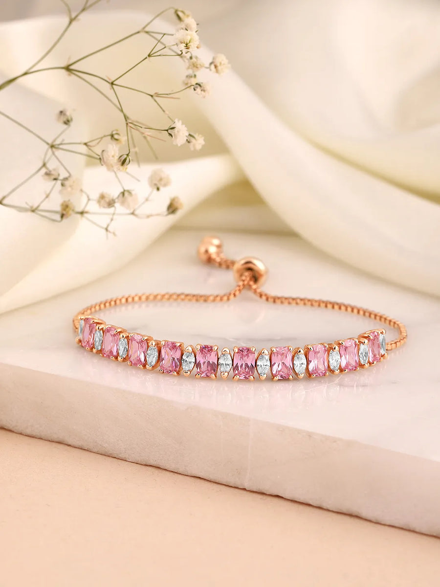 Glam Crystal Accent Adjustable Bracelet - Rose Gold - Pink