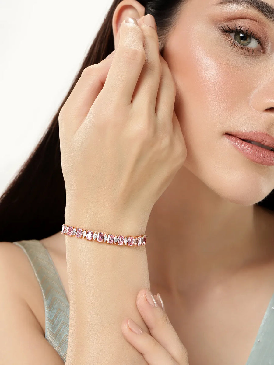 Glam Crystal Accent Adjustable Bracelet - Rose Gold - Pink