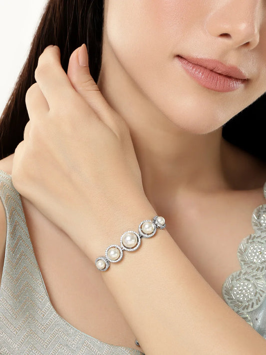 Pearl & CZ Round Link Bracelet