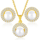 Halo CZ Pearl Pendant & Stud Set - Gold