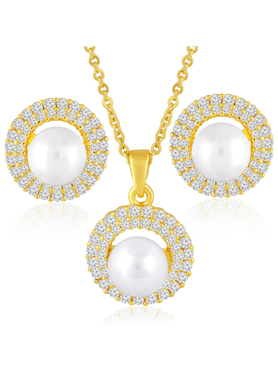 Halo CZ Pearl Pendant & Stud Set - Gold