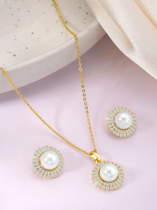 Halo CZ Pearl Pendant & Stud Set - Gold