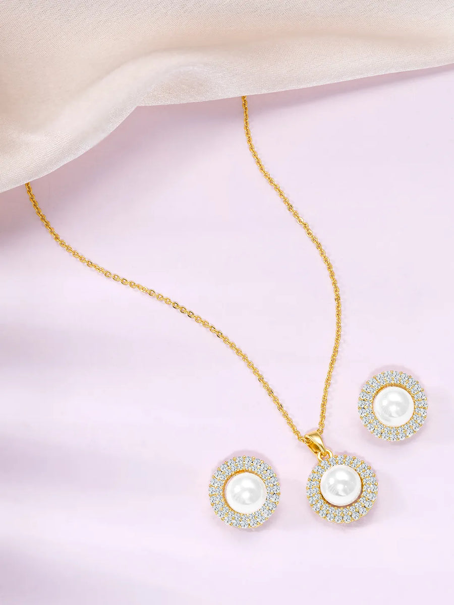 Halo CZ Pearl Pendant & Stud Set - Gold