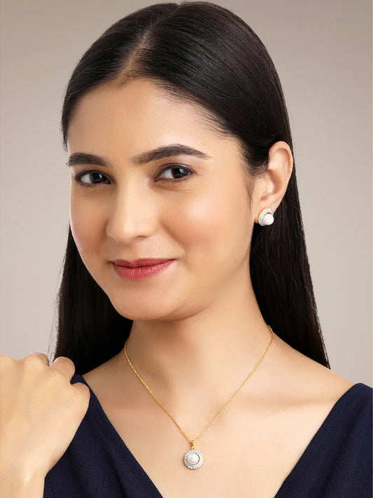 Halo CZ Pearl Pendant & Stud Set - Gold