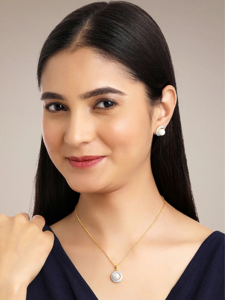 Halo CZ Pearl Pendant & Stud Set - Gold