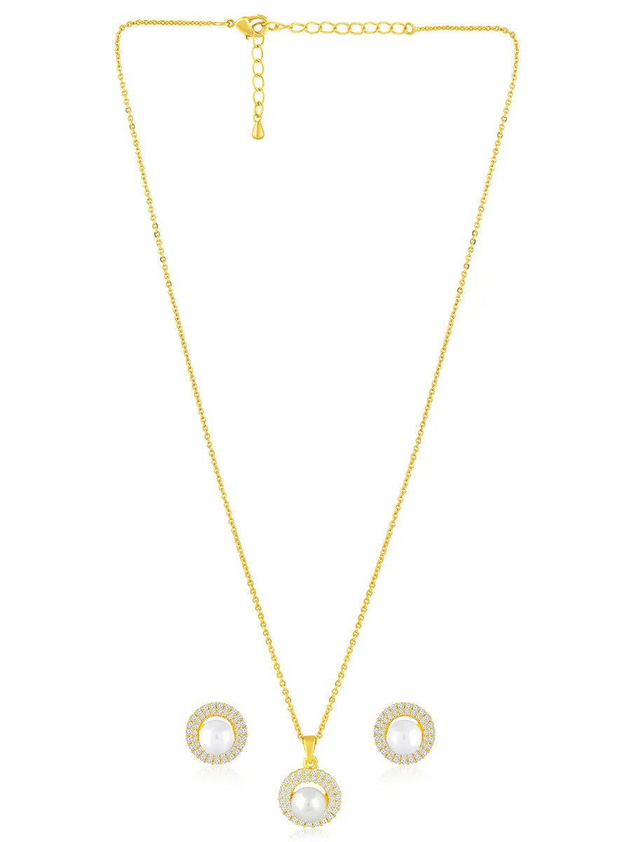 Halo CZ Pearl Pendant & Stud Set - Gold