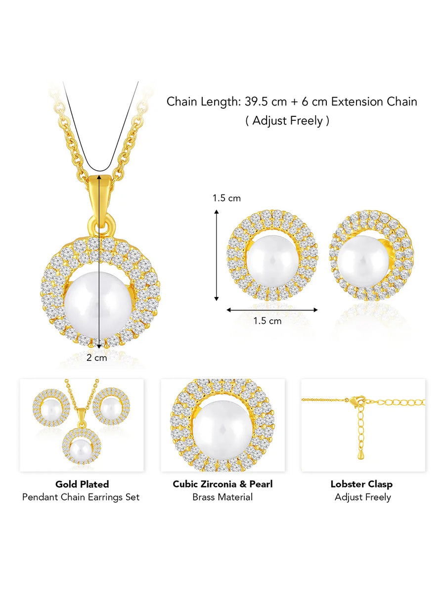 Halo CZ Pearl Pendant & Stud Set - Gold
