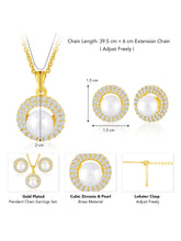 Halo CZ Pearl Pendant & Stud Set - Gold