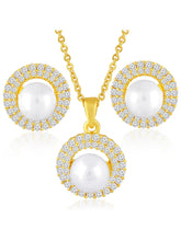 Halo CZ Pearl Pendant & Stud Set - Gold