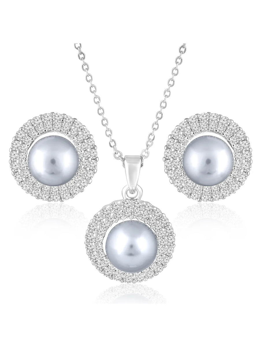 Halo CZ Pearl Pendant & Stud Set - Silver