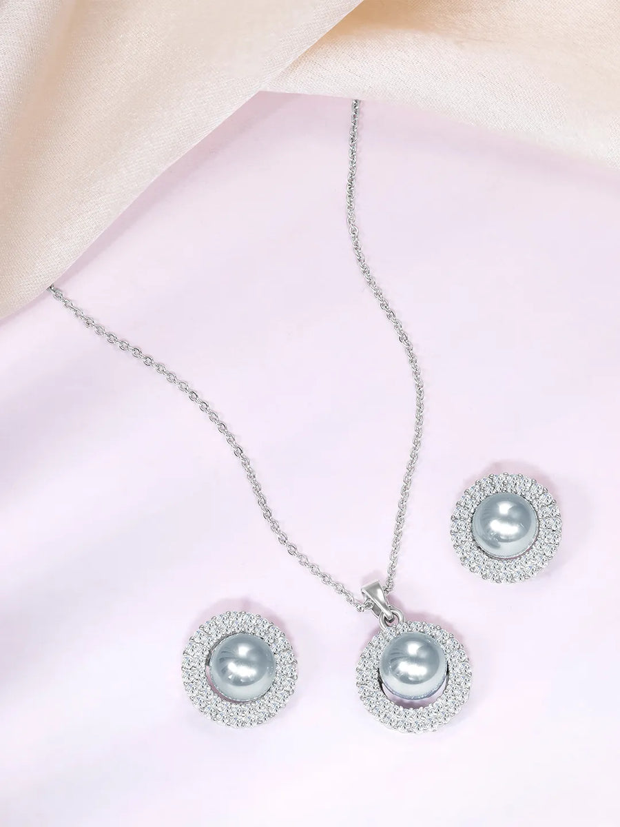 Halo CZ Pearl Pendant & Stud Set - Silver