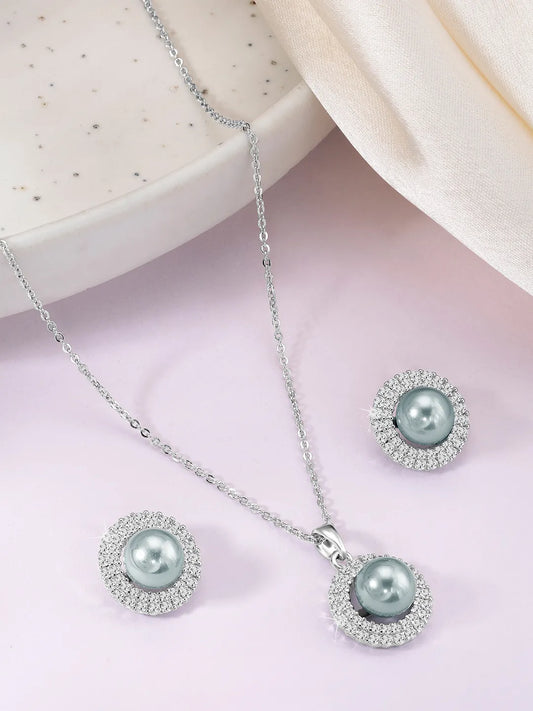 Halo CZ Pearl Pendant & Stud Set - Silver