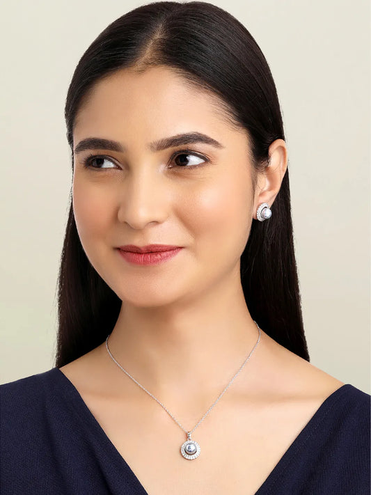 Halo CZ Pearl Pendant & Stud Set - Silver
