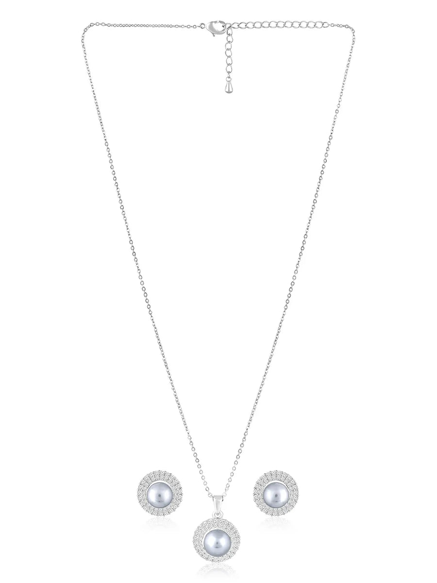 Halo CZ Pearl Pendant & Stud Set - Silver