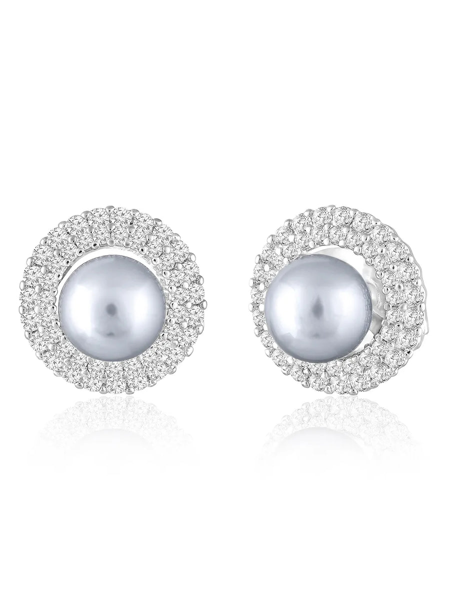 Halo CZ Pearl Pendant & Stud Set - Silver