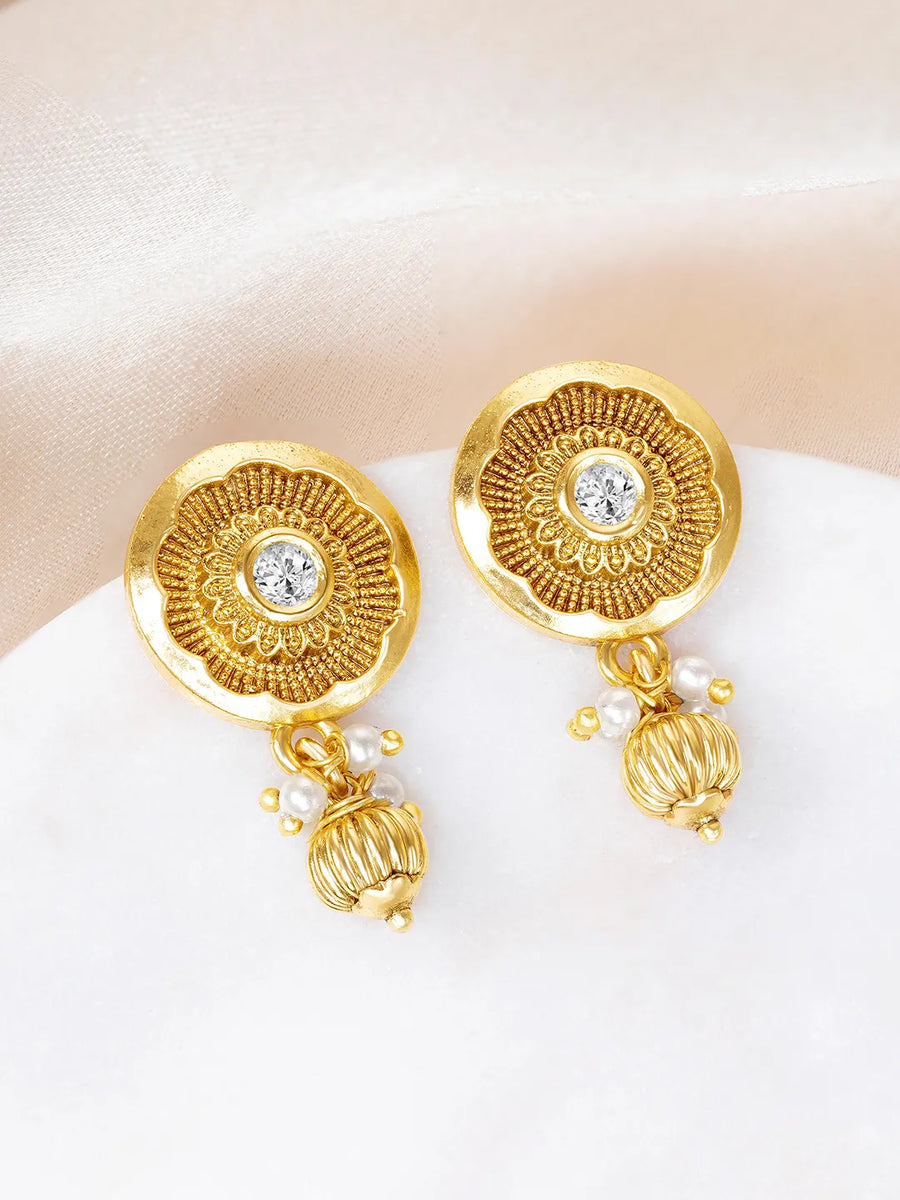 Round Floral Pearl Stud Drop Earrings