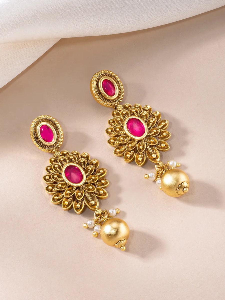 Glamorous Crystal & Pearl Drop Earrings - Gold - Rani Pink