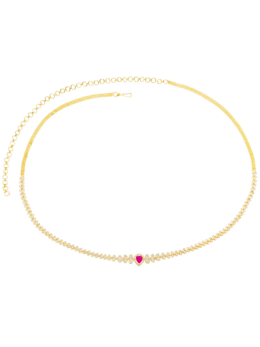 Heart Motif Rani pink CZ Stone Gold Belly Chain