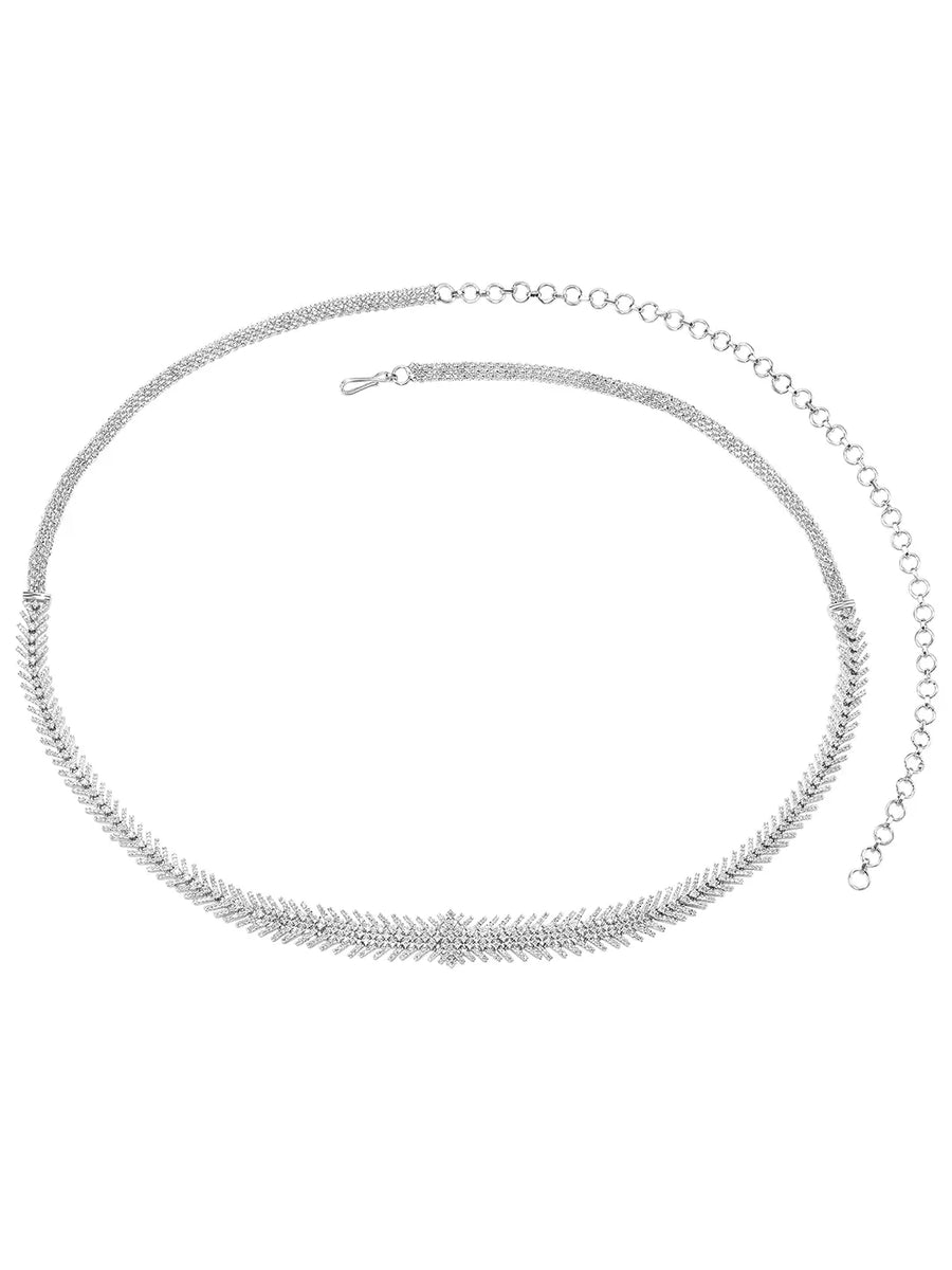 Heritage Leaf Pattern CZ Silver Belly Chain