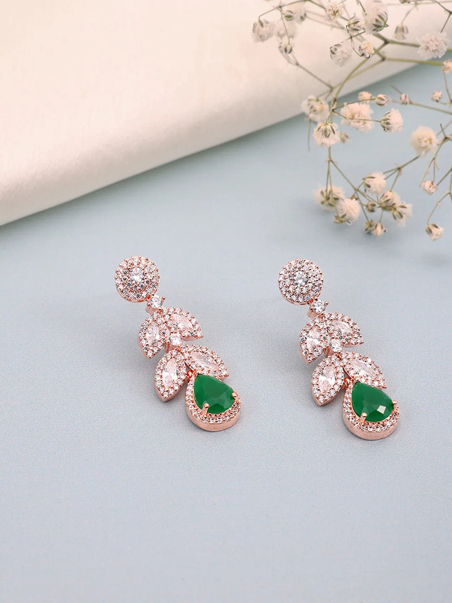 Sparkling Leaf CZ Crystals Drop Earrings - Rose Gold & Green