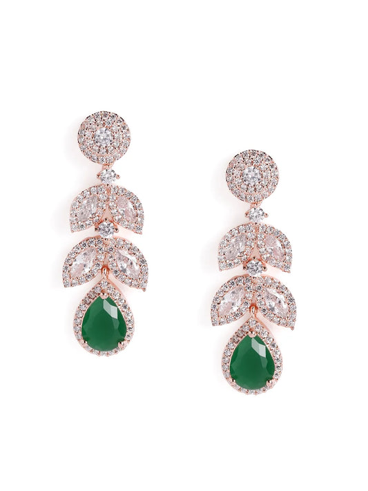 Sparkling Leaf CZ Crystals Drop Earrings - Rose Gold & Green