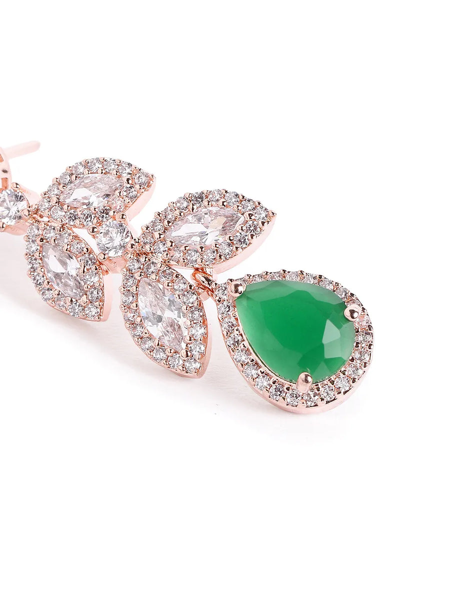 Sparkling Leaf CZ Crystals Drop Earrings - Rose Gold & Green