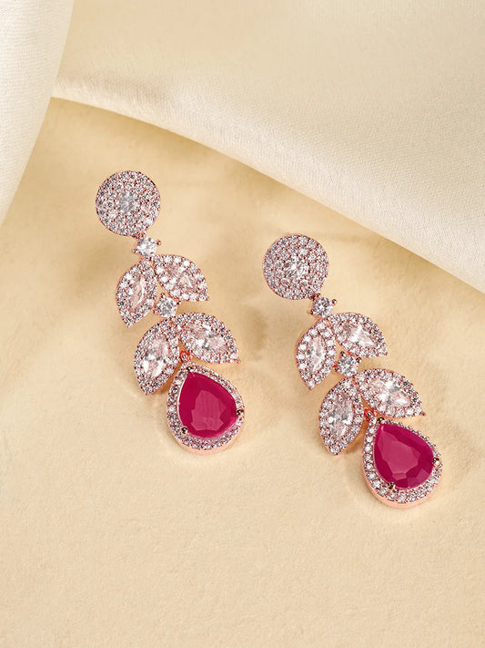 Sparkling Leaf CZ Crystals Drop Earrings - Rose Gold & Red
