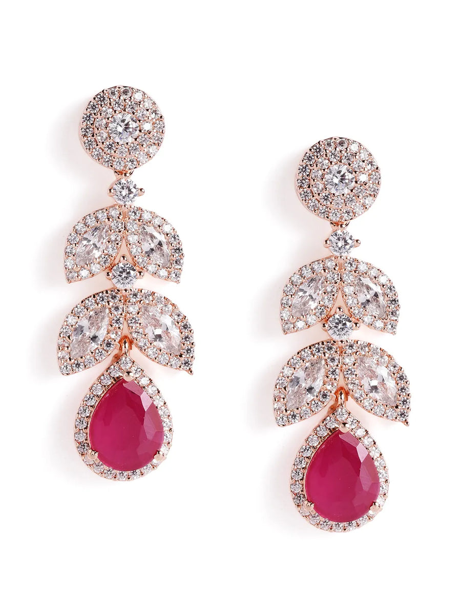 Sparkling Leaf CZ Crystals Drop Earrings - Rose Gold & Red