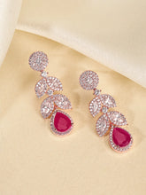 Sparkling Leaf CZ Crystals Drop Earrings - Rose Gold & Red