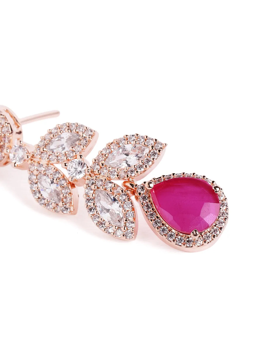 Sparkling Leaf CZ Crystals Drop Earrings - Rose Gold & Red