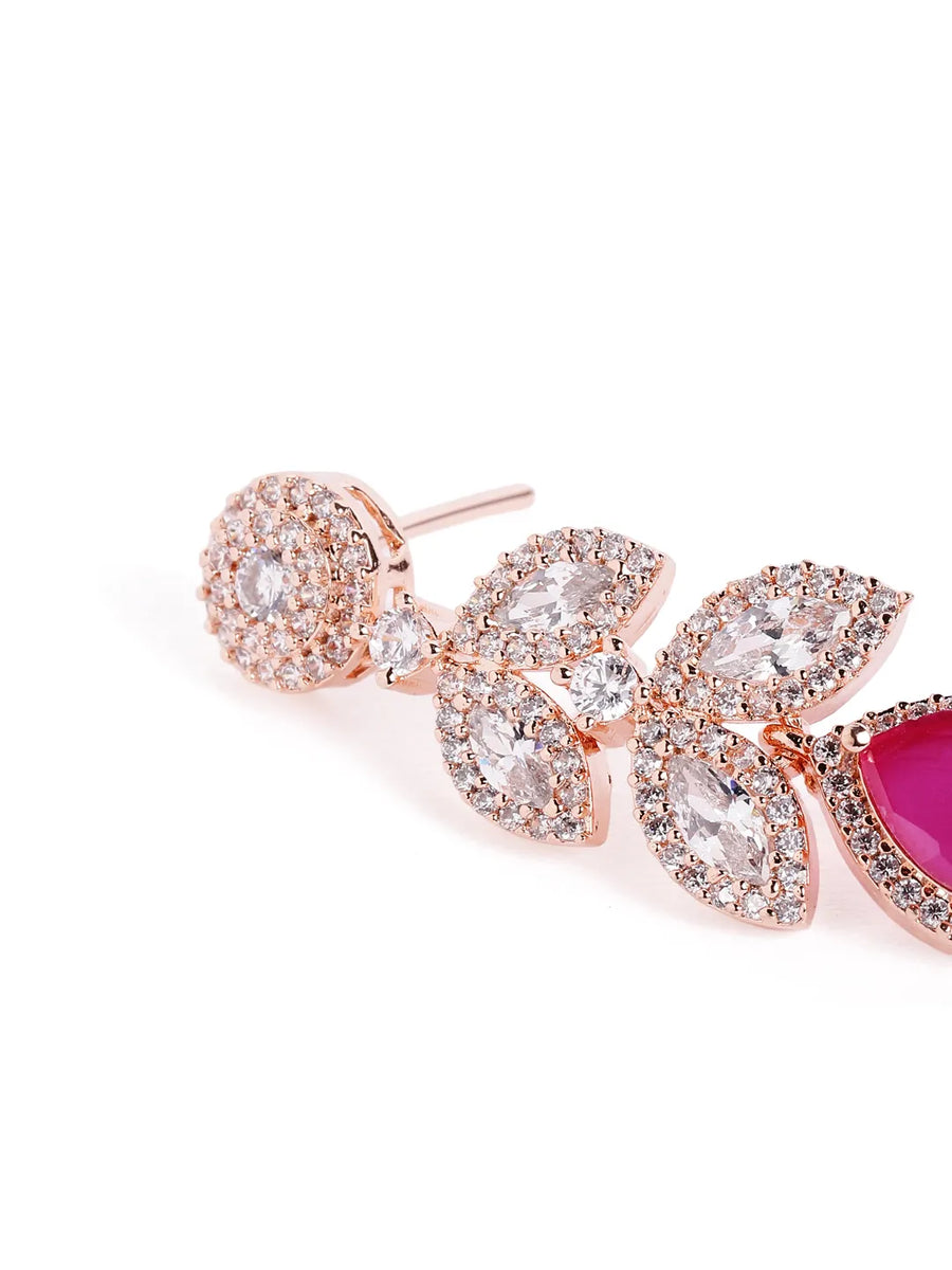 Sparkling Leaf CZ Crystals Drop Earrings - Rose Gold & Red