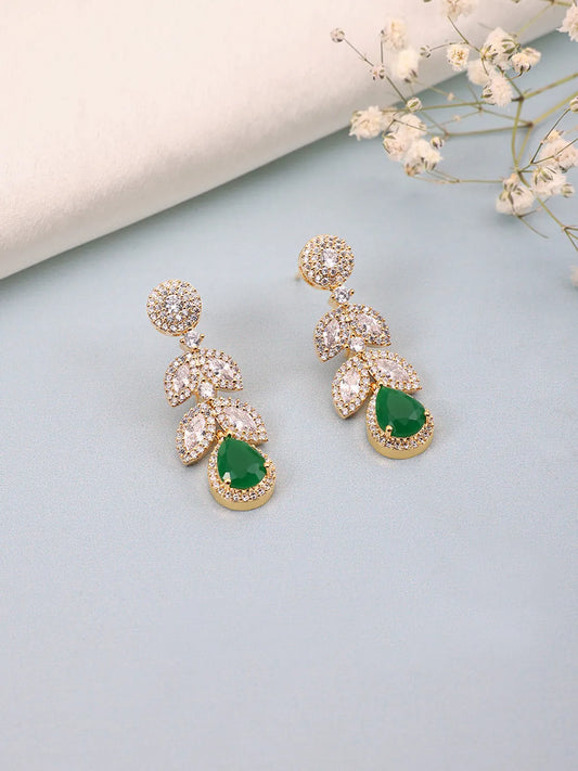 Sparkling Leaf CZ Crystals Drop Earrings - Green