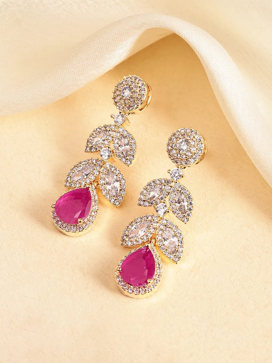 Sparkling Leaf CZ Crystals Drop Earrings - Red