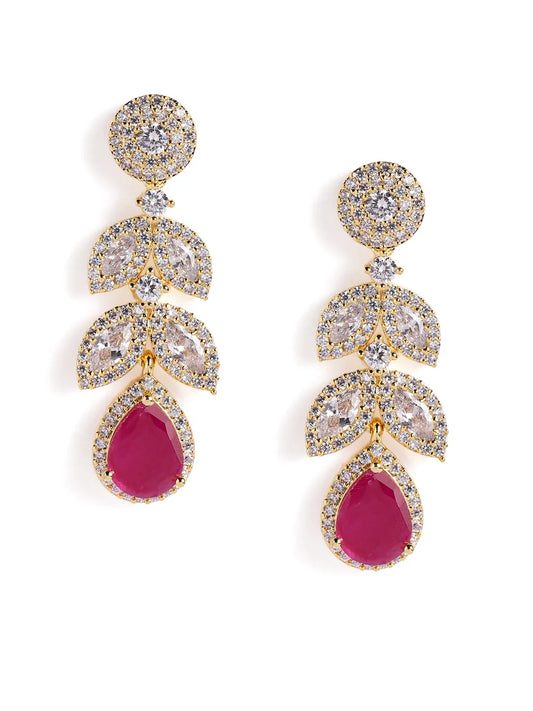 Sparkling Leaf CZ Crystals Drop Earrings - Red