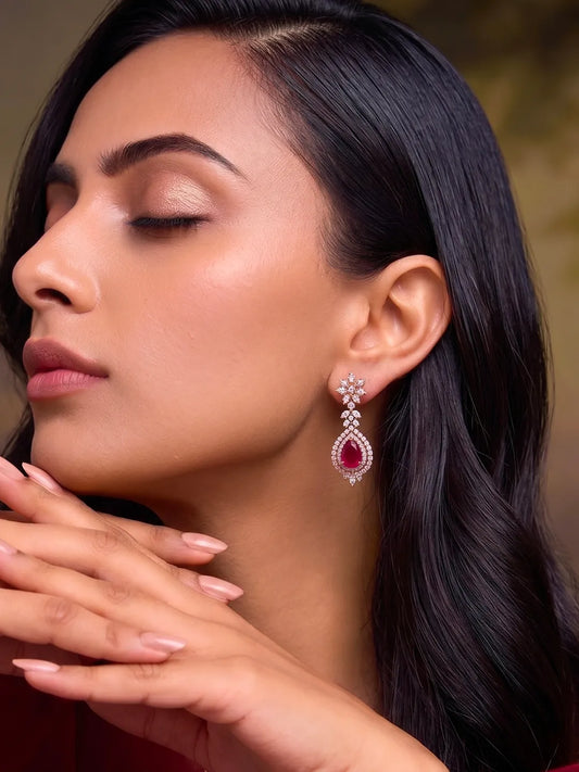 Peora Rose Gold Plated CZ Rani Pink Drop Earrings
