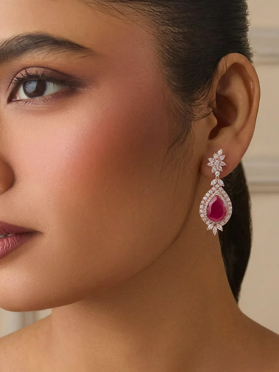 Rose Gold Plated CZ Rani Pink Drop Earrings