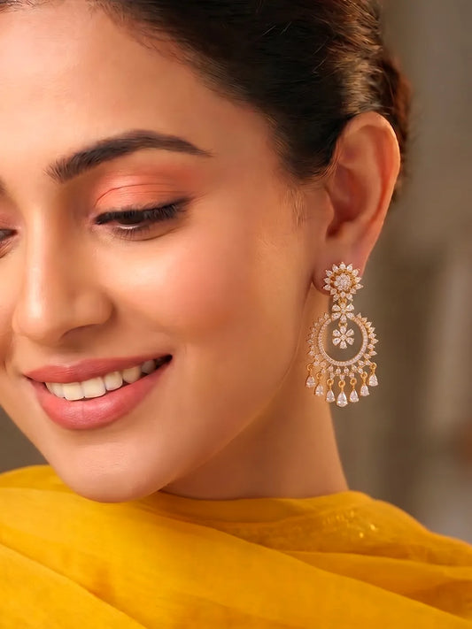 Peora Gold Plated CZ Chandbali Floral Earrings