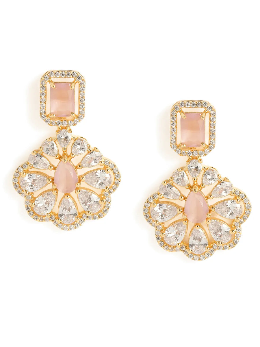 Sparkling Faux Ruby Floral Drop Earrings - Pink