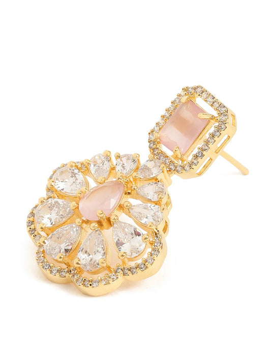 Sparkling Faux Ruby Floral Drop Earrings - Pink