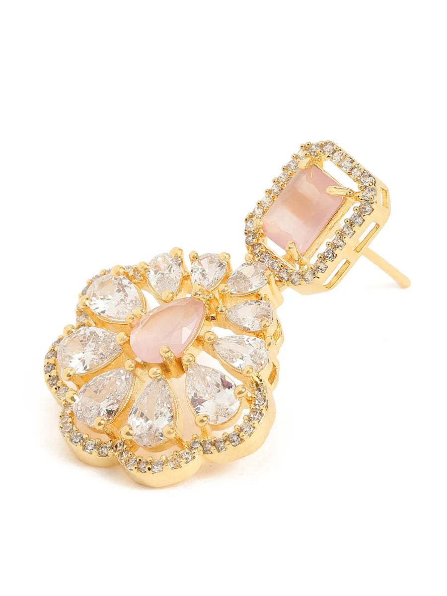 Sparkling Faux Ruby Floral Drop Earrings - Pink