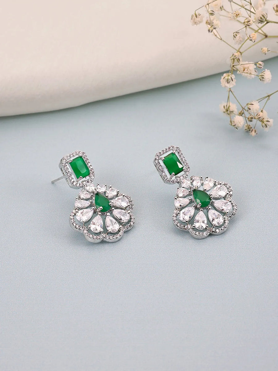Sparkling Faux Ruby Floral Drop Earrings - Green