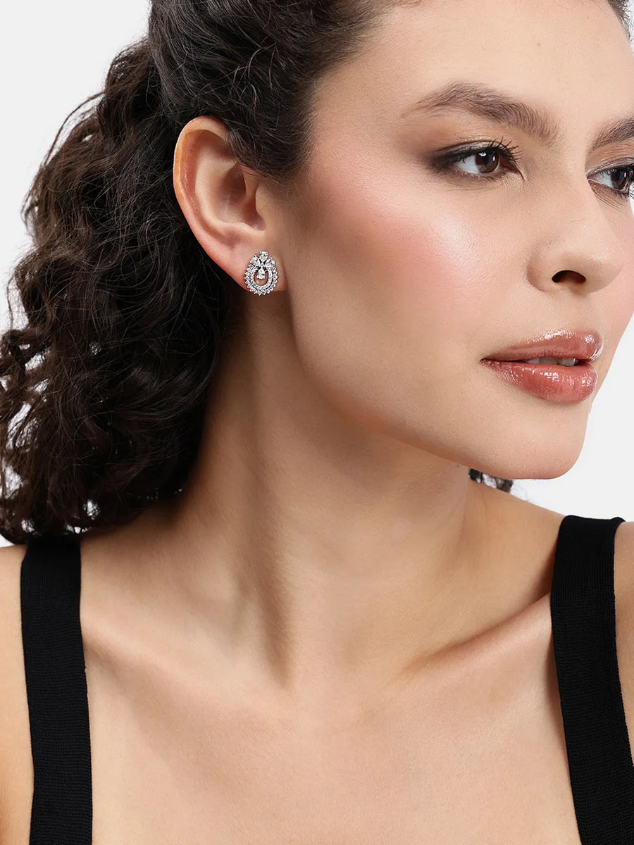 Exquisite Floral CZ Stud Earrings - Silver