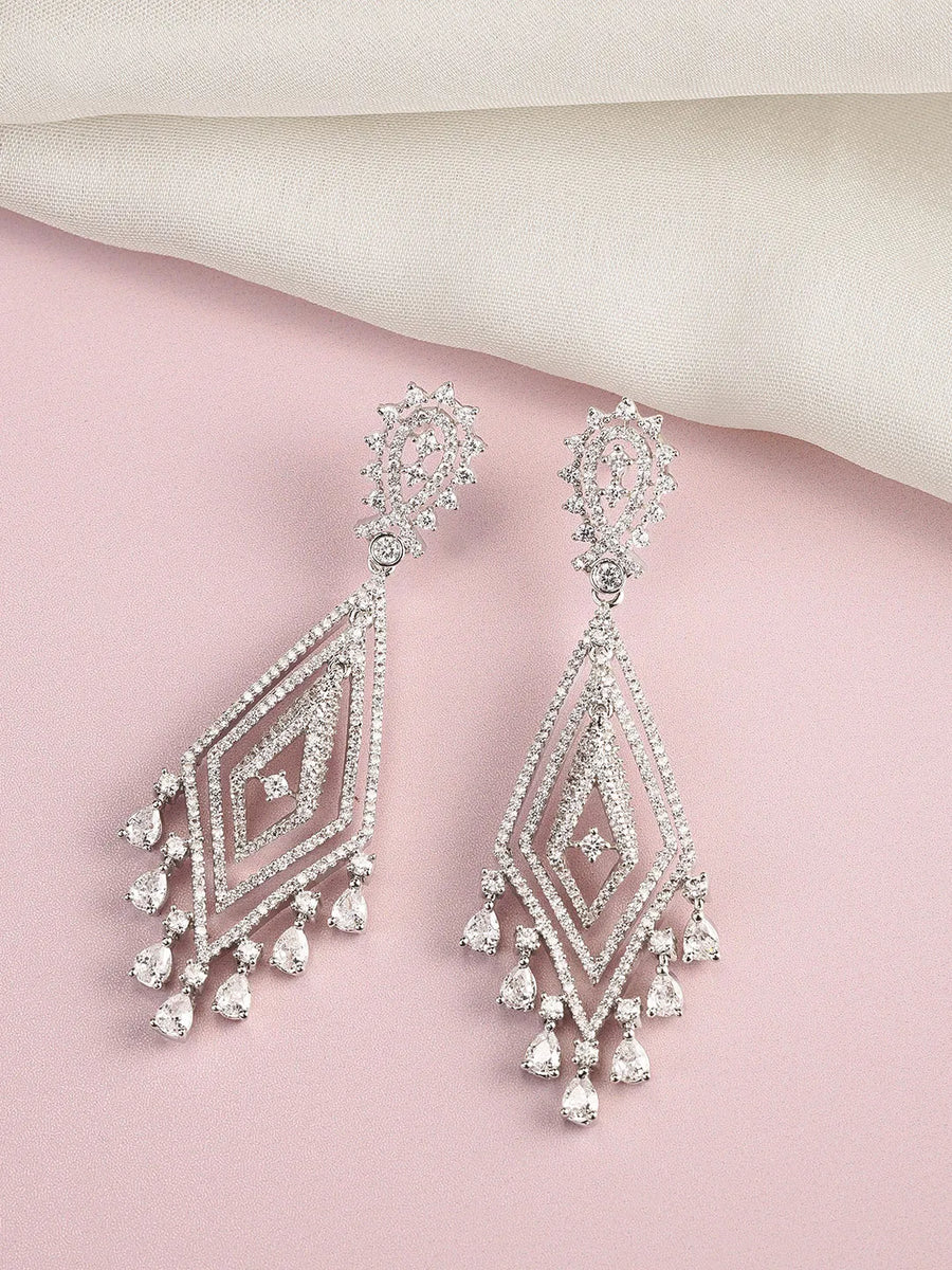 Layered Geometric CZ Drop Earrings - Silver