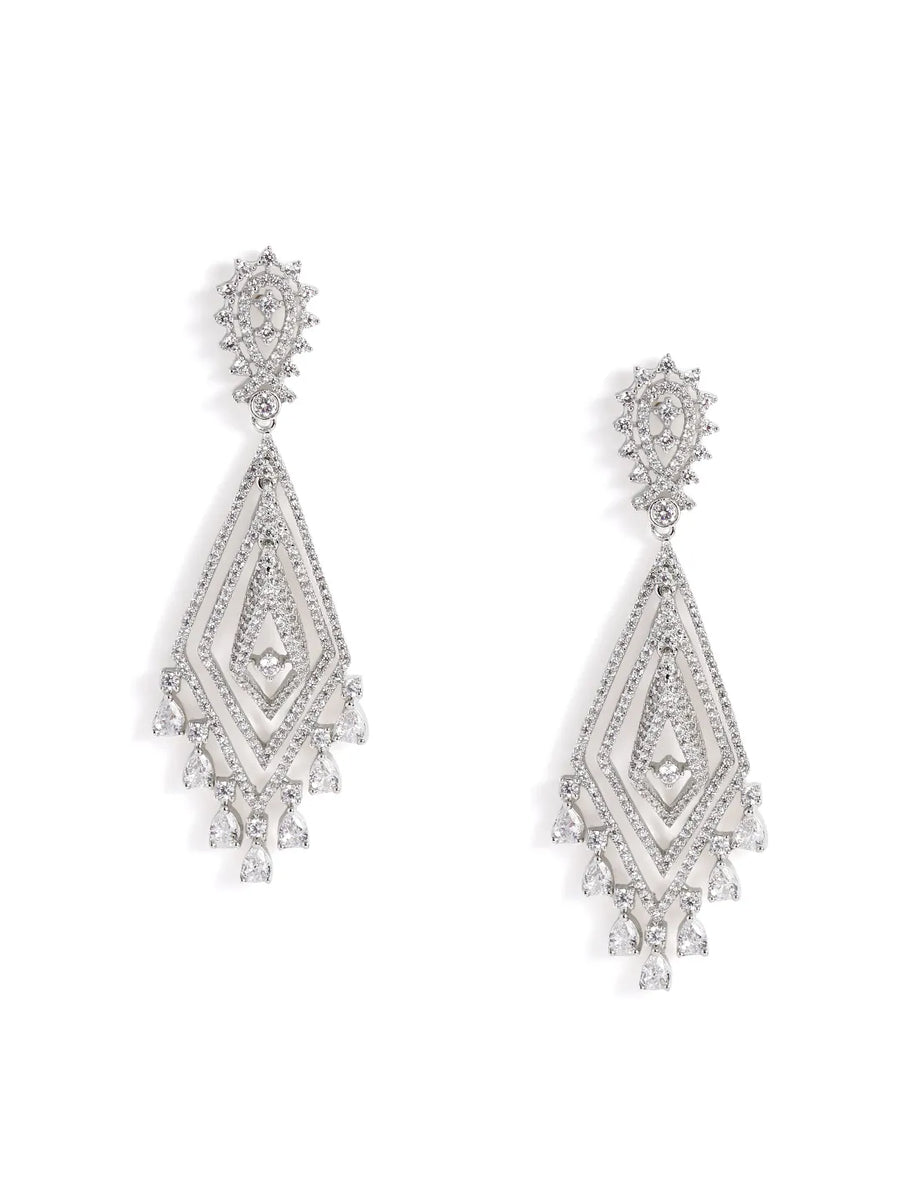 Layered Geometric CZ Drop Earrings - Silver
